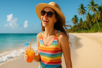 Young woman enjoying summer on a beach, wearing a colorful top and holding a refreshing drink under a bright blue sky
