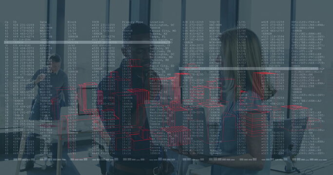 Team in business casual reviewing designs in office meeting room with laptops and code overlay