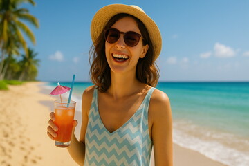 Laughing woman enjoys tropical drink on sunny beach with blue ocean and palm trees in background during daytime relaxation