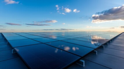 Obraz premium An expansive solar panel array reflects the sky and clouds at sunset, highlighting renewable energy in a clean, modern setting.