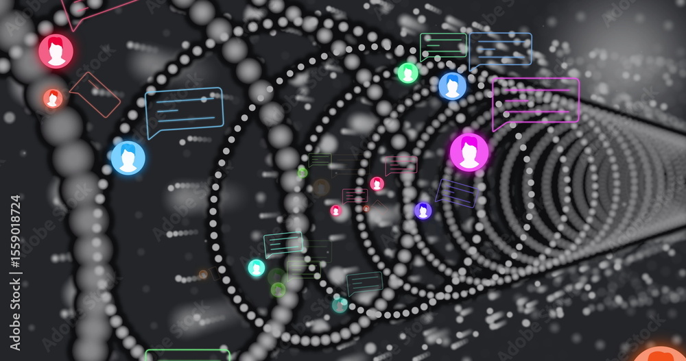 Poster visualizing data tunnel stretching in digital space, with spherical nodes and speech bubble icons