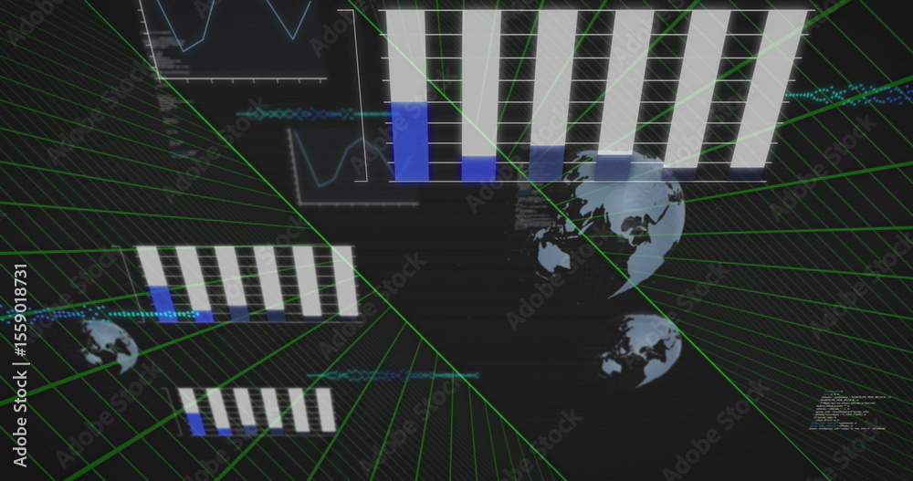 Poster displaying holographic interface in space featuring green grid lines data charts globe icons