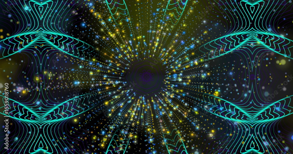 Poster image of colorful abstract pattern with radiating lines and dots in tunnel