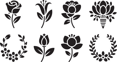 Ten Black and White Floral Icons Wedding Set Rose Lily Tulip Wreath Flowers Botanical Design Elements