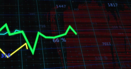 Image of green line graph increasing 65% over red and blue grid background