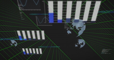 Displaying holographic interface in space featuring green grid lines data charts globe icons