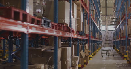 Image of mathematical equations overlaying warehouse shelves filled with boxes
