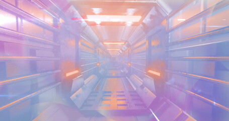 Leading futuristic metallic corridor through spaceship interior, with orange light panels