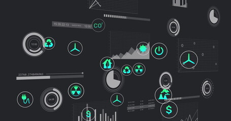 Displaying dashboard floating in virtual interface space, with rings charts and glowing green icons