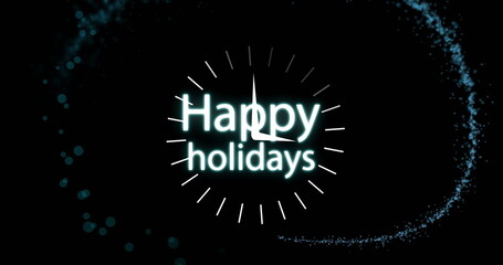 Displaying glowing turquoise Happy holidays text with tick marks and swirling light on black canvas