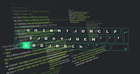 Floating translucent keyboard layout drifting over dark coding backdrop, with luminous code text