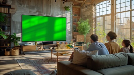 A family is watching a large screen tv in the living room. The scene looks peaceful and inviting