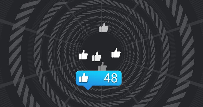 Spinning notification bubble showing thumbs-up icon and 48 in digital tunnel, with thumbs-up icons - Powered by Adobe