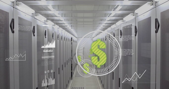 Floating green dollar-sign gauge hovering in data center aisle, displaying charts with server racks