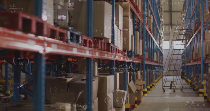 Image of mathematical equations overlaying warehouse shelves filled with boxes - Powered by Adobe