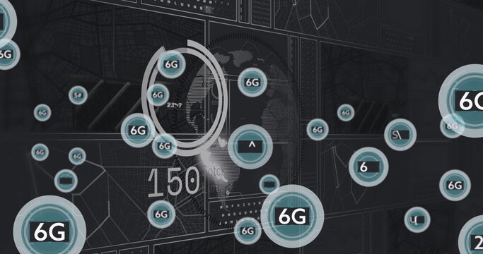 Floating teal circles labeled 6G moving over UI panels with world map, data nodes, 150 indicator - Powered by Adobe