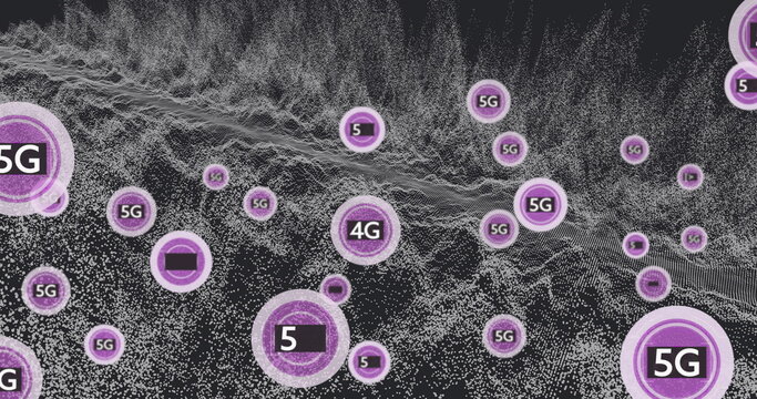 Floating purple network icons labeled 5G, 4G and 5 in data visualization environment, wave grid