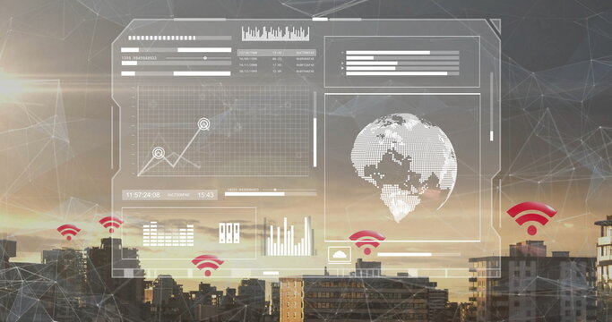 Showing HUD overlay above dusk skyline, with dashboards, dotted globe, cloud icon, red Wi-Fi icons