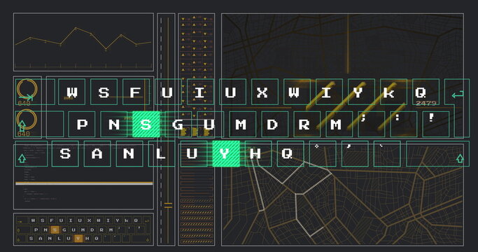 Displaying central virtual keyboard at workstation, with line graph, green keys and map counter