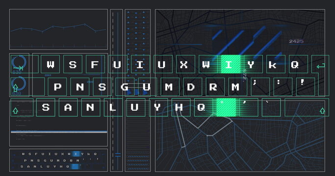 Showing keyboard interface flashing green keys on dashboard, with data panels and city map overlay