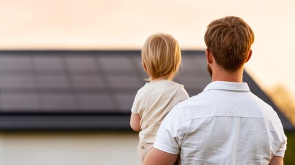 A father holds his child while looking at solar panels on a roof during sunset, symbolizing renewable energy and family care for the environment.