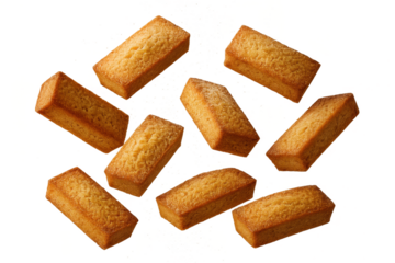 Golden brown French Financier cakes isolated on a transparent background.