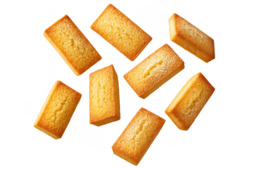 Delicious golden financiers mini cakes isolated on transparent background, sweet