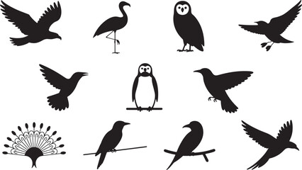 Obraz premium Ten Black Bird Silhouettes Icon Set Eagle Flamingo Owl Penguin Various Birds Flight Perch vector