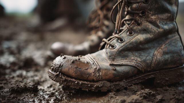 Close-up of worn military boots on muddy ground, World War atmosphere