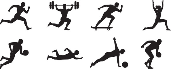 Ten Black Silhouettes of Athletes Engaging in Various Sports Activities Including Running Weightlifting