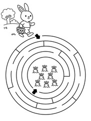 Maze activity sheet for children. Cute maze for kids. Kids labyrinth puzzle. Maze puzzle game for children with cute illustration of rabbit and carrots.