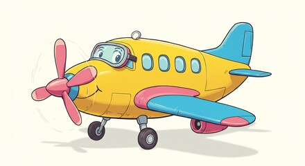 黄色い飛行機 元気よく飛び立つ 明るい色彩 楽しいイラスト. AI Generated