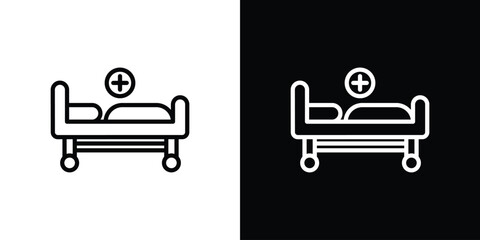 Hospital bed icon in thin stroke and flat style.