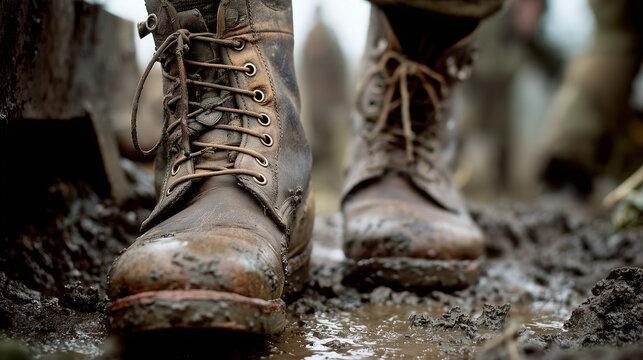Close-up of worn military boots on muddy ground, World War atmosphere