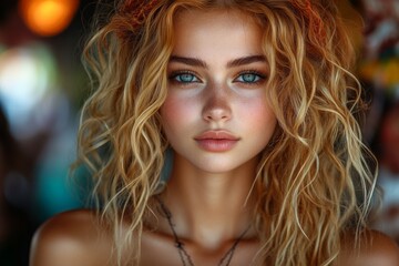 Naklejka premium Young caucasian woman with blonde curly hair and blue eyes