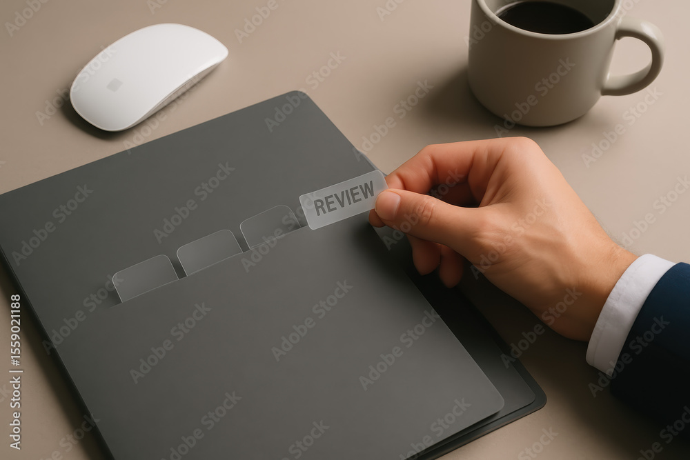 Poster a business professional organizes review tabs on a matte grey folder symbolizing structured workflow