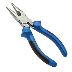 New needle-nose pliers with polished silver-grey metal jaws and blue/black ergonomic handles, in perfect condition, on a transparent seamless studio background with no shadows, commercial product