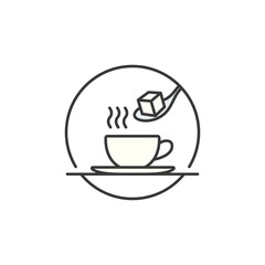 A stylized sugar cube hovers above a steaming mug, spoon poised mid-air signaling sweetness, cozy rituals, and café charm steeped in thoughtful detail and inviting design