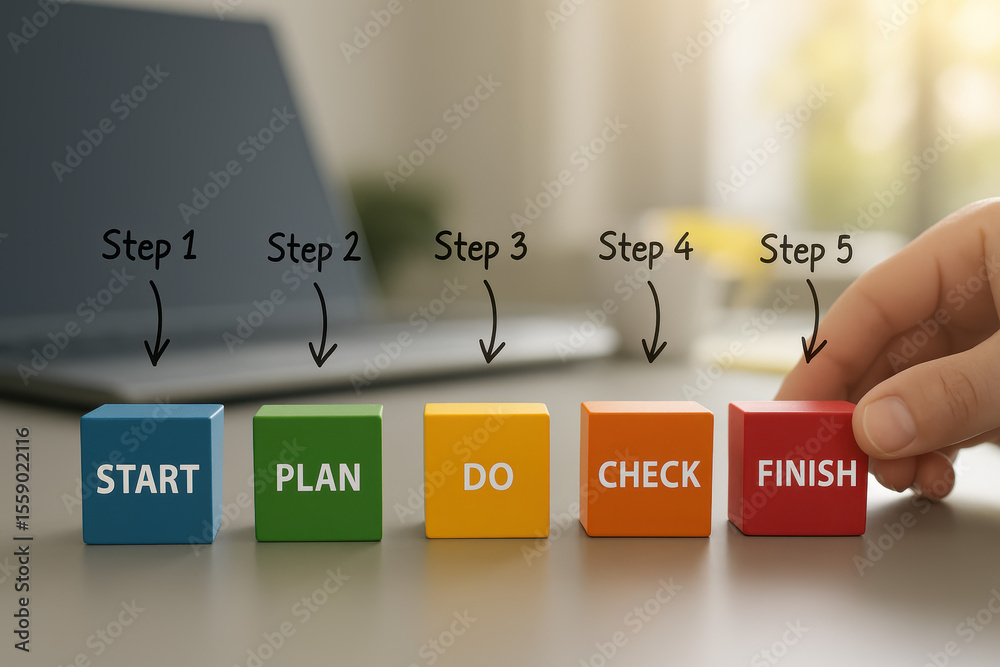 Poster a arranges colored blocks on a desk illustrating the sequential process planning executing reviewing