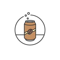 Icon of a fizzy coffee soda can with bold bean emblem, ideal for cafés offering cold brews, sparkling coffee drinks, and ready-to-drink options, optimized for trending beverage keywords