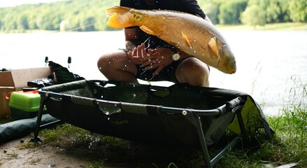 Man holding in his arms the alive carp, carp fishing, mirror carp, just caught carp