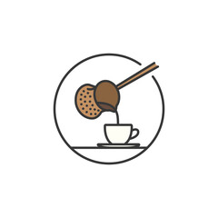 Stylized icon of a cezve pouring into a demitasse, perfect for café menus highlighting Turkish coffee, traditional brewing methods, and rich cultural espresso alternatives