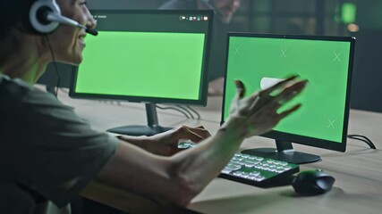 Customer Support Agent Typing and Speaking to Floating Green Screen Chat Log Window - Powered by Adobe