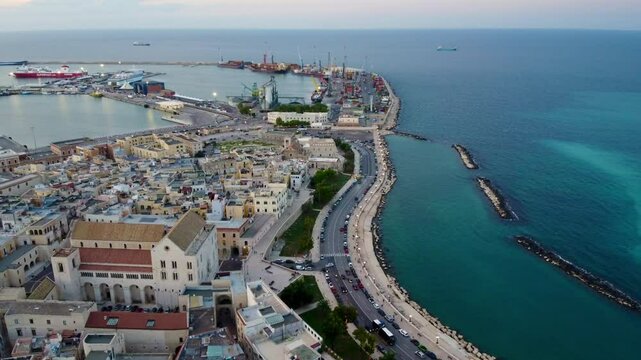 Bari, Italy &ndash; September 25 2024: Aerial drone view of the city of Bari, capital of Apulia in southern Italy, featuring the old town, seafront promenade, and Adriatic coast.