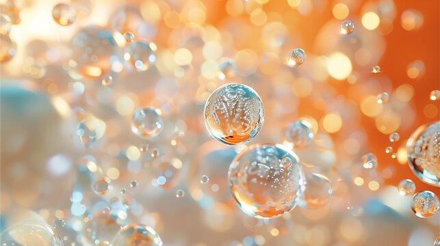 An abstract close-up view of many sparkling bubbles against an orange background, with a dreamy and soft aesthetic.