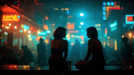 Women enjoy a captivating evening in a vibrant urban alley, surrounded by glowing neon lights and bustling energy. Lively atmosphere filled with people and sounds.