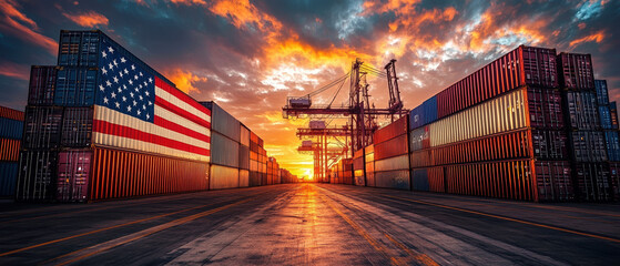 American port with shipping containers and cranes silhouetted against dramatic sky at sunset