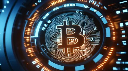Close-up of a glowing digital currency symbol set against a high-tech backdrop. The design suggests innovation and a technological approach to finance in a futuristic setting. - Powered by Adobe