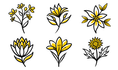 Artistic and minimalist line art illustrations of various vibrant yellow flowers and floral elements with black outlines on a white background.