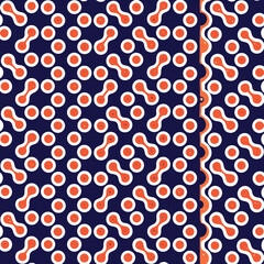 Abstract geometric pattern repeating shapes in orange and white colors on navy blue